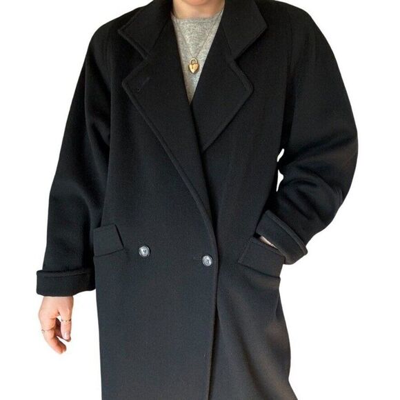 Vintage Larry Levine Black 100% Wool Dark Academia Minimalist Trench Coat sz 12 - Picture 1 of 11